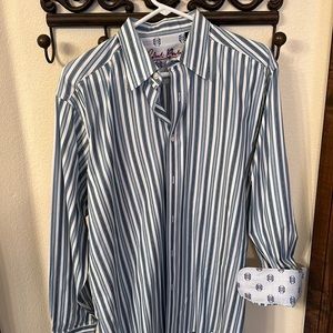 Robert Graham New men’s L Navy pinstriped with nice cuff embellishment ….